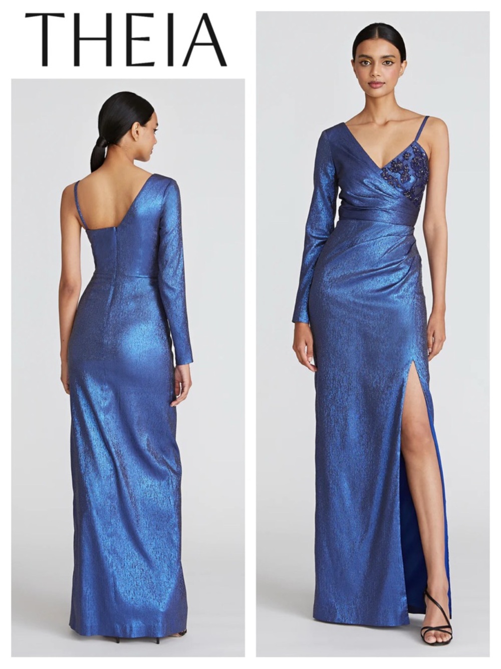 THEIA Babette Asymmetrical Metallic Lamé Gown